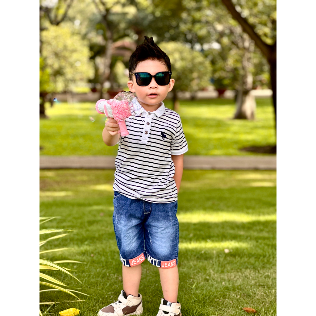 ÁO THUN COTTON ROYAL CỔ BẺ SỌC THÊU HƯU CHO BÉ 10-25KG