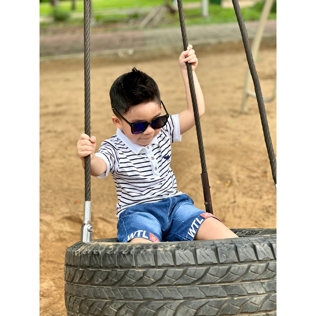 ÁO THUN COTTON ROYAL CỔ BẺ SỌC THÊU HƯU CHO BÉ 10-25KG