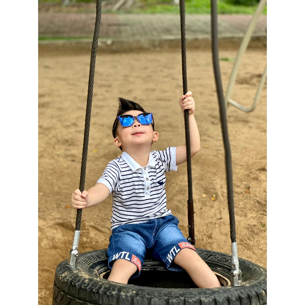 ÁO THUN COTTON ROYAL CỔ BẺ SỌC THÊU HƯU CHO BÉ 10-25KG