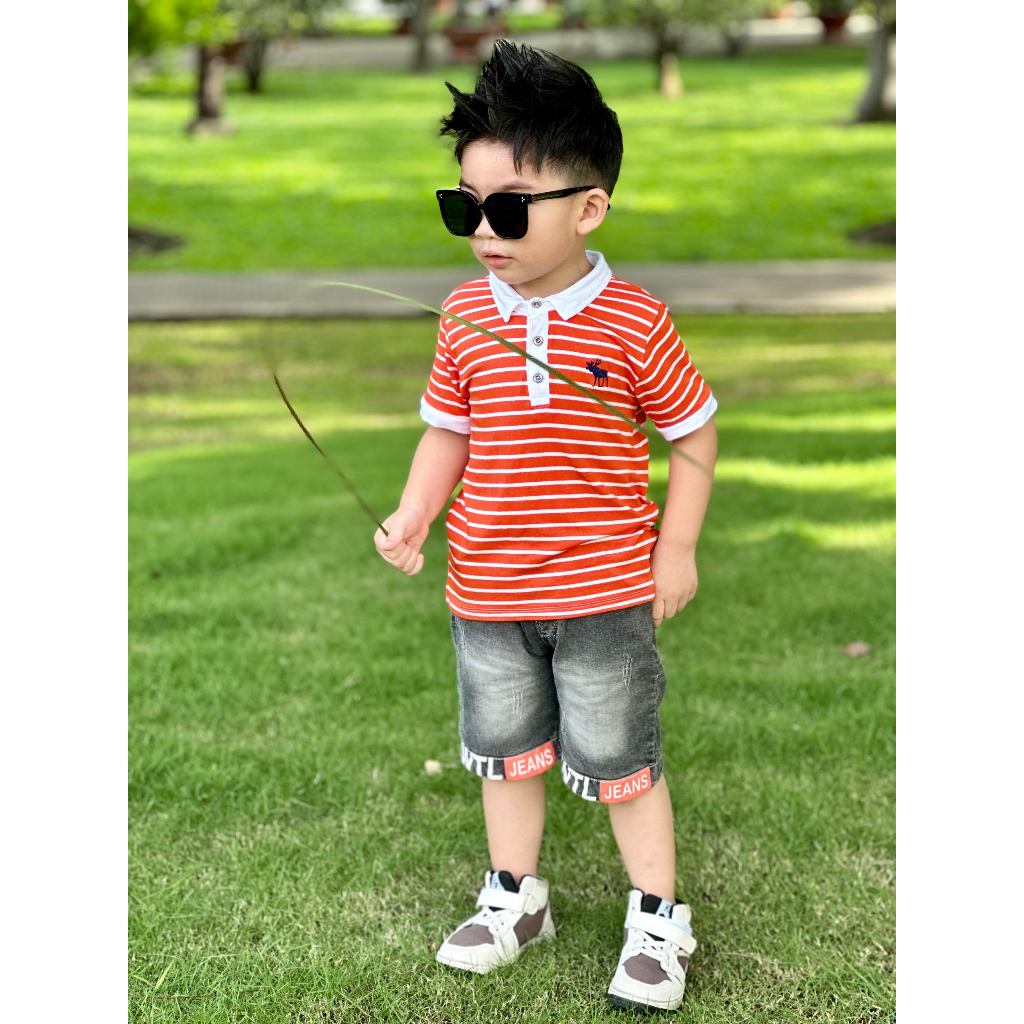 ÁO THUN COTTON ROYAL CỔ BẺ SỌC THÊU HƯU CHO BÉ 10-25KG