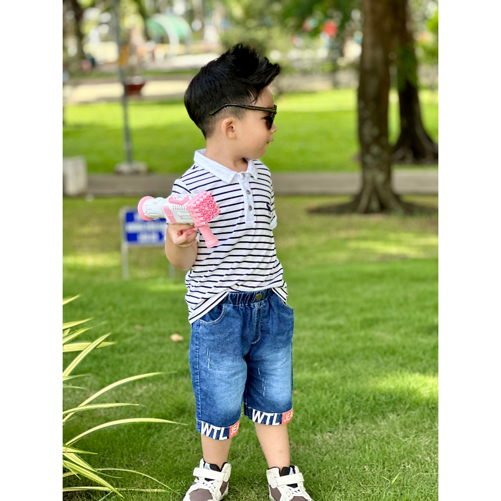 ÁO THUN COTTON ROYAL CỔ BẺ SỌC THÊU HƯU CHO BÉ 10-25KG