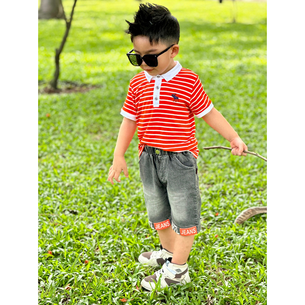 ÁO THUN COTTON ROYAL CỔ BẺ SỌC THÊU HƯU CHO BÉ 10-25KG