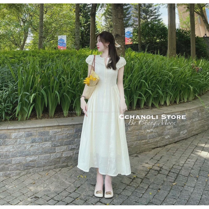 Đầm midi tay phồng dây kéo ngực