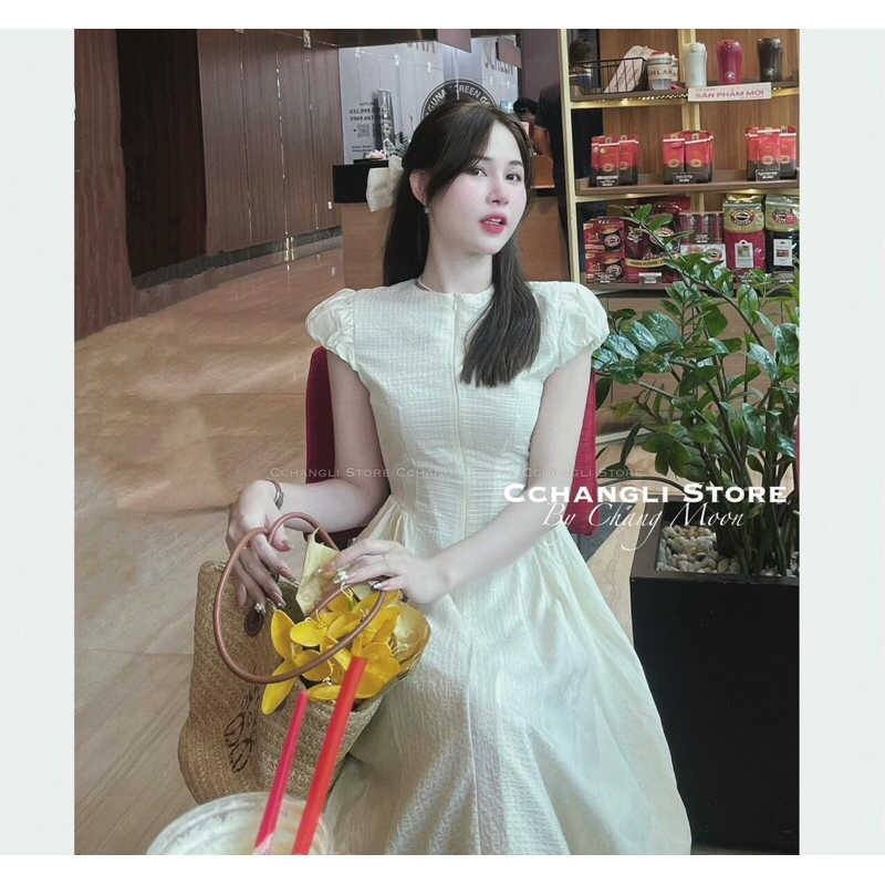 Đầm midi tay phồng dây kéo ngực