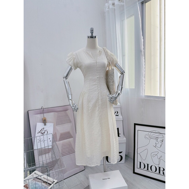Đầm midi tay phồng dây kéo ngực