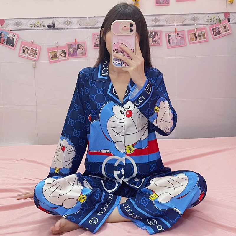 (hình thật) Đồ bộ Pijama Sam nữ Lụa Xước tay dài Doraemon xanh đậm- hàng loại 1 cao cấp