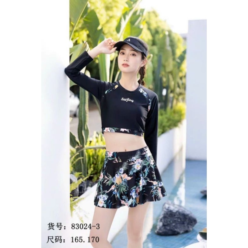Bộ bơi nữ áo dài tay crop top chân váy có lót quần đùi