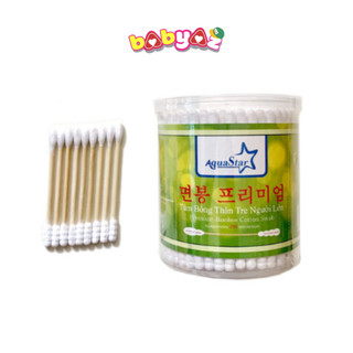 Tăm Bông Cây Gỗ Trúc Hộp 200c Aquastar Rose 2 Đầu Tròn Xoắn Cao Cấp