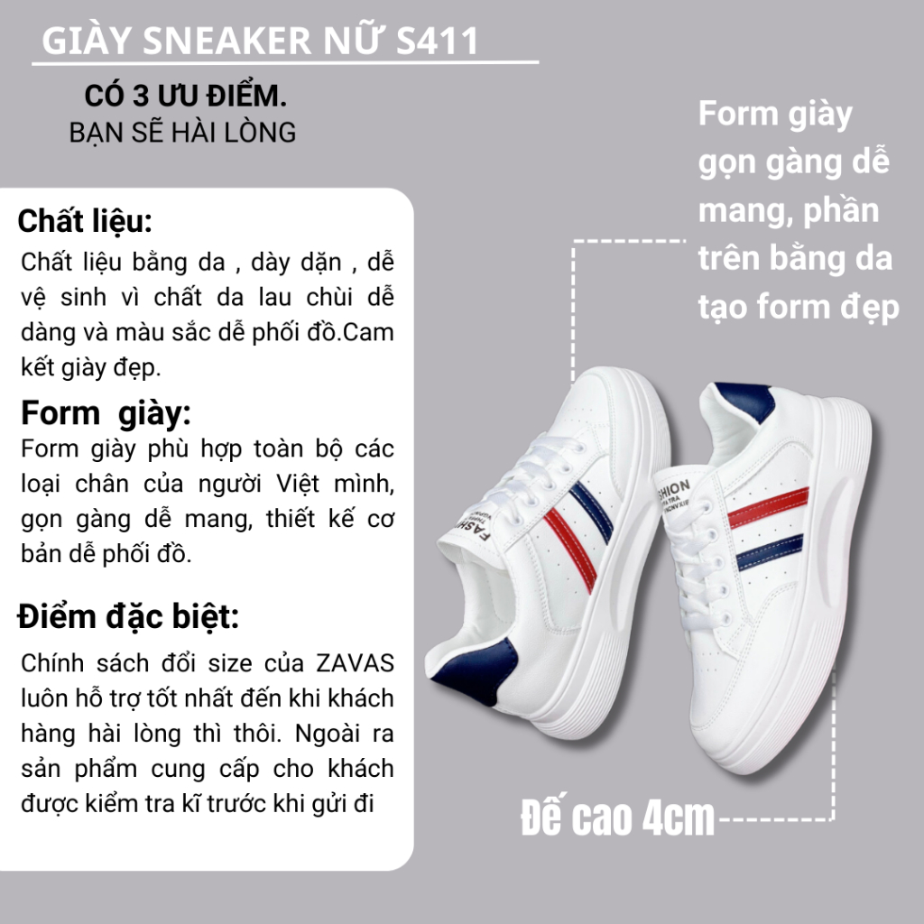 Giày thể thao sneaker nữ ZAVAS đế cao 4cm màu trắng bằng da form giày gọn gàng mang êm chân S411