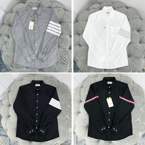 Áo Sơ Mi Nam Thome thêu 4 sọc kẻ xám ống tay logo bụng vải thô cao cấp Áo Somi Thom Browne Đen, Trắng chính hãng