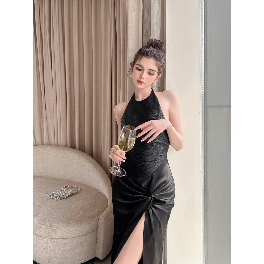 D110 - Cralet 𝐃𝐫𝐞𝐬𝐬 yếm dài đen đi tiệc sang chảnh