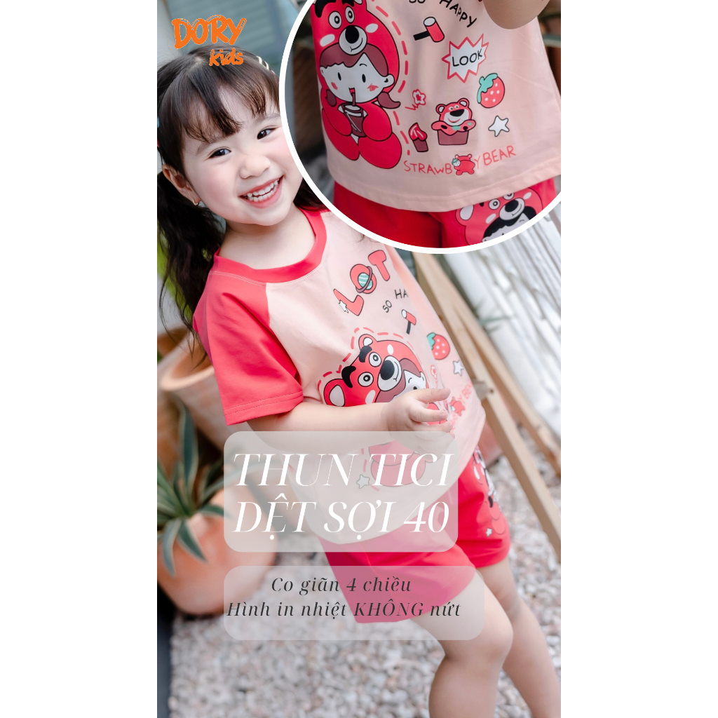 Đồ bộ cộc tay cho bé DORYKIDS Gấu dâu xinh xắn nhiều màu, chất thun cotton mát lạnh thoáng mát, size từ 10kg-30kg