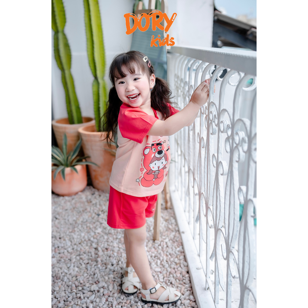 Đồ bộ cộc tay cho bé DORYKIDS Gấu dâu xinh xắn nhiều màu, chất thun cotton mát lạnh thoáng mát, size từ 10kg-30kg