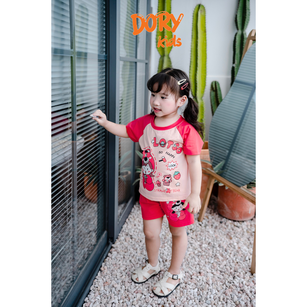 Đồ bộ cộc tay cho bé DORYKIDS Gấu dâu xinh xắn nhiều màu, chất thun cotton mát lạnh thoáng mát, size từ 10kg-30kg