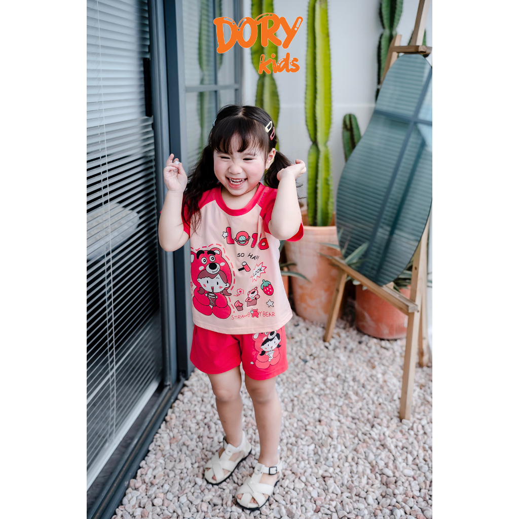 Đồ bộ cộc tay cho bé DORYKIDS Gấu dâu xinh xắn nhiều màu, chất thun cotton mát lạnh thoáng mát, size từ 10kg-30kg