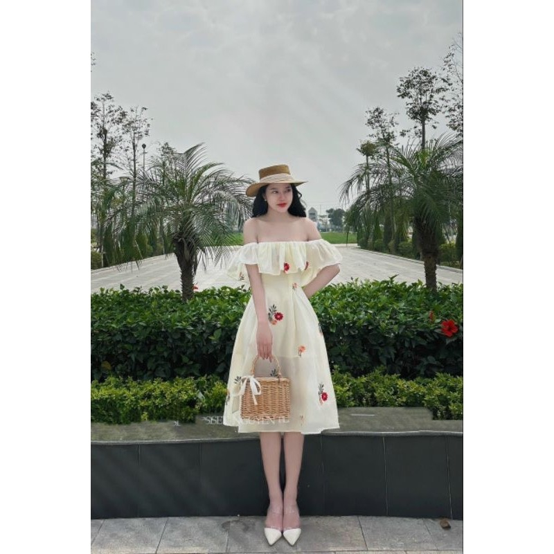 Bigsize Đầm hoa thêu trễ vai bèo 55-95kg