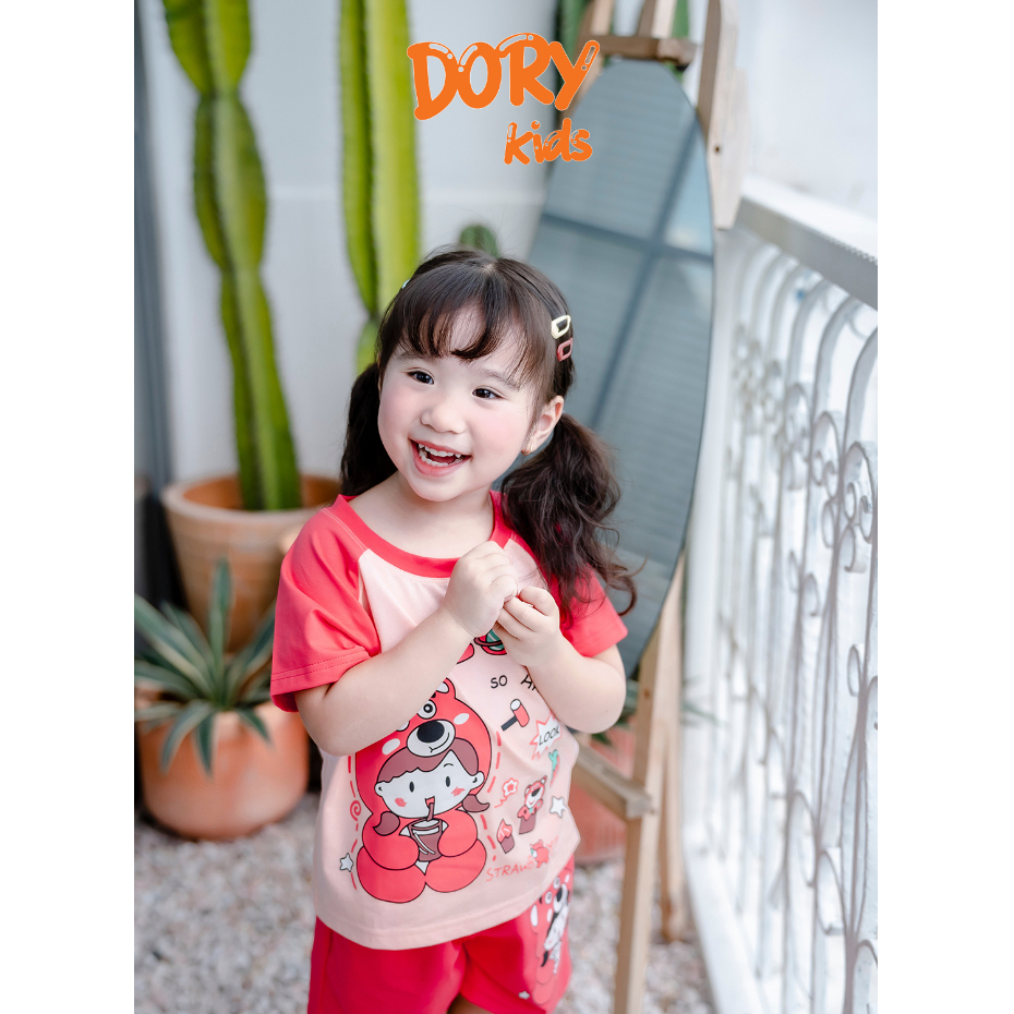 Đồ bộ cộc tay cho bé DORYKIDS Gấu dâu xinh xắn nhiều màu, chất thun cotton mát lạnh thoáng mát, size từ 10kg-30kg