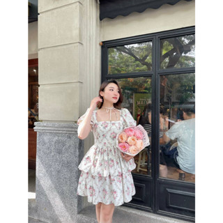 Váy hoa nhí cổ vuông tay bồng hai tầng dáng ngắn dáng xòe có lớp lót đi chơi đi Vayemcloset