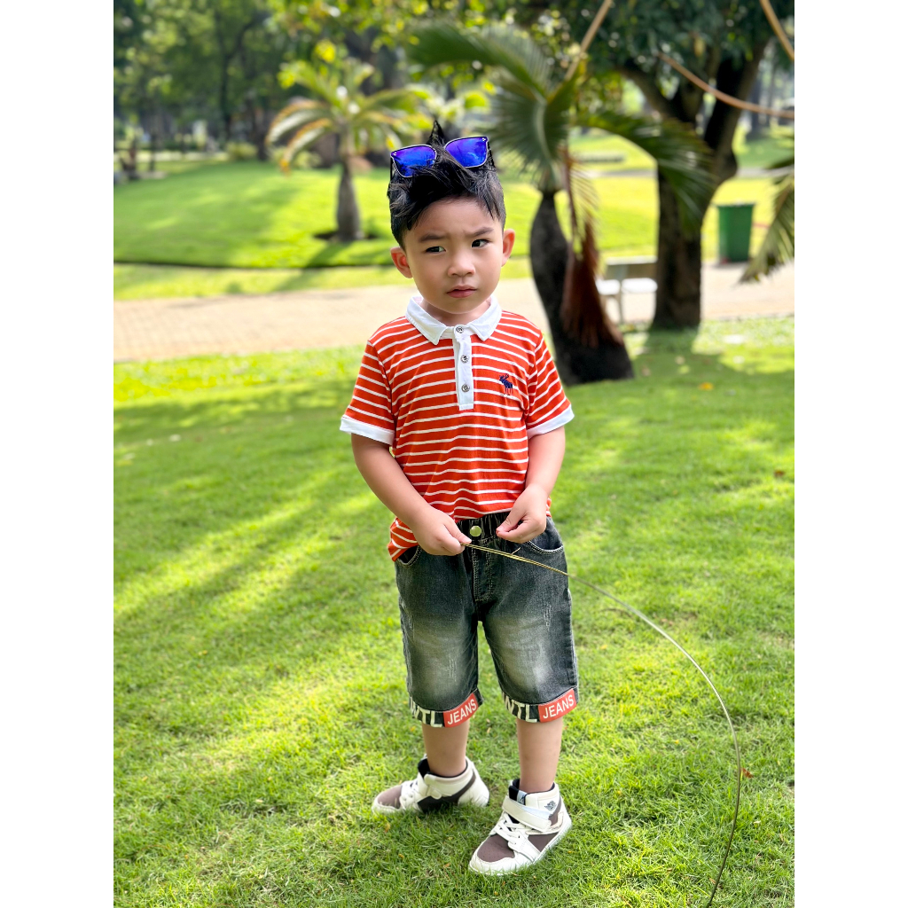 BỘ ÁO BẺ THUN COTTON ROYAL SỌC CAM THÊU HƯU + QUẦN JEAN WTL 10-25KG