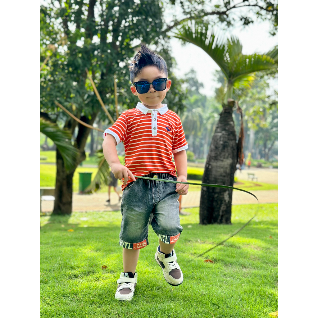 BỘ ÁO BẺ THUN COTTON ROYAL SỌC CAM THÊU HƯU + QUẦN JEAN WTL 10-25KG