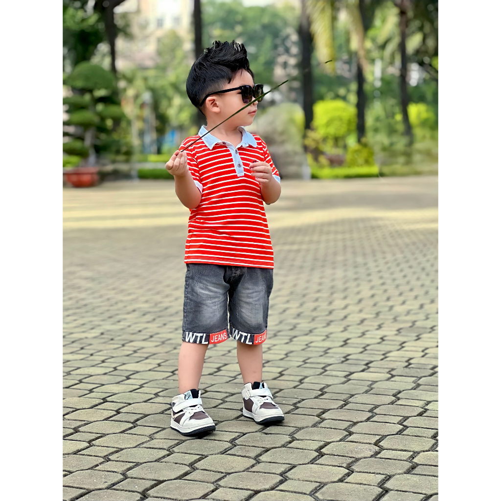 BỘ ÁO BẺ THUN COTTON ROYAL SỌC CAM THÊU HƯU + QUẦN JEAN WTL 10-25KG