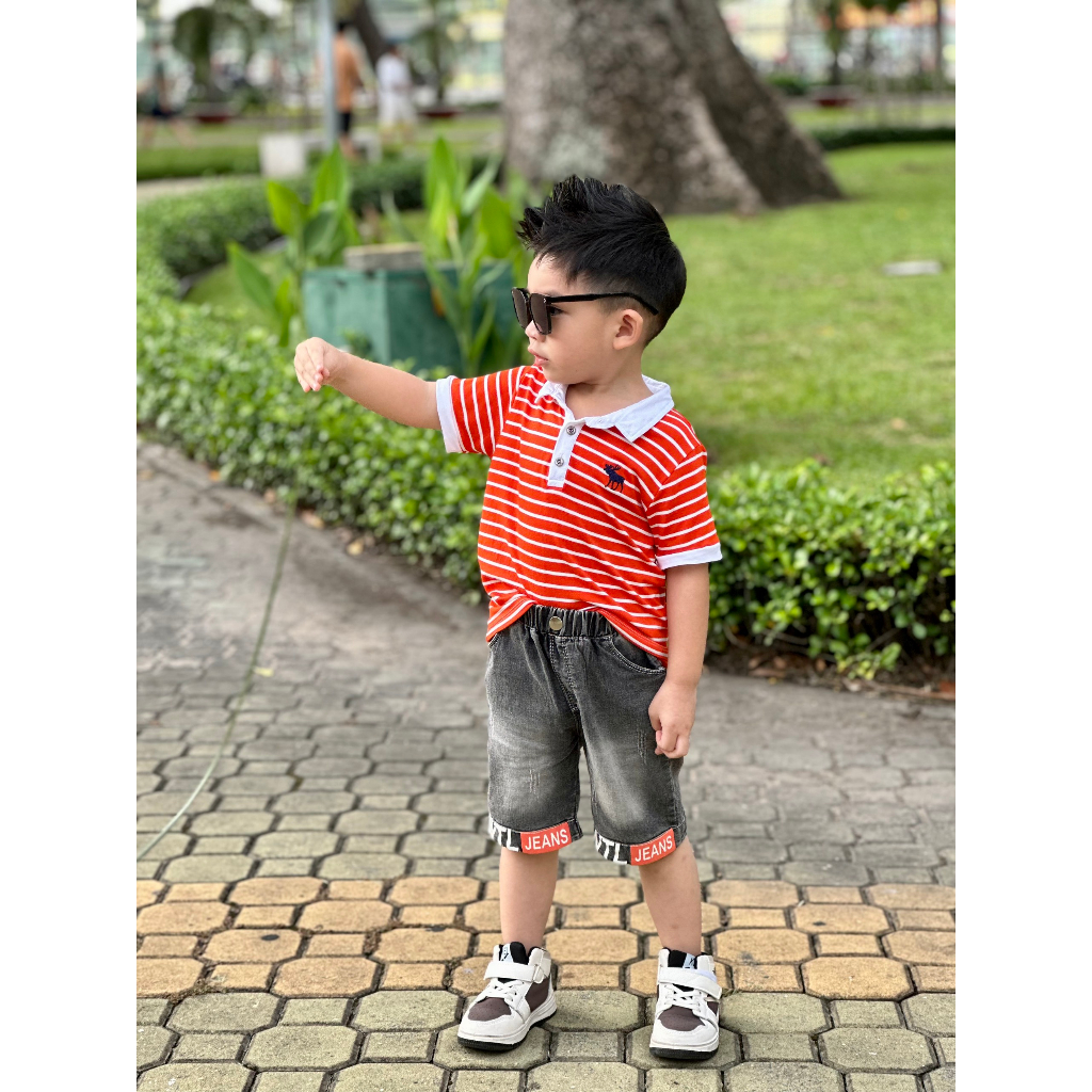 BỘ ÁO BẺ THUN COTTON ROYAL SỌC CAM THÊU HƯU + QUẦN JEAN WTL 10-25KG