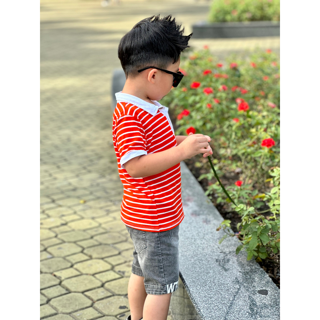 BỘ ÁO BẺ THUN COTTON ROYAL SỌC CAM THÊU HƯU + QUẦN JEAN WTL 10-25KG