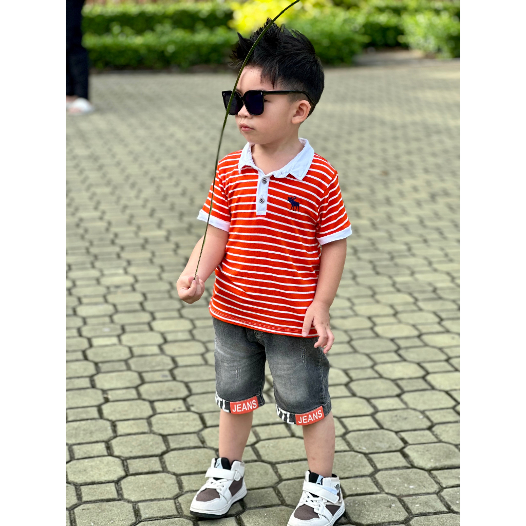 BỘ ÁO BẺ THUN COTTON ROYAL SỌC CAM THÊU HƯU + QUẦN JEAN WTL 10-25KG