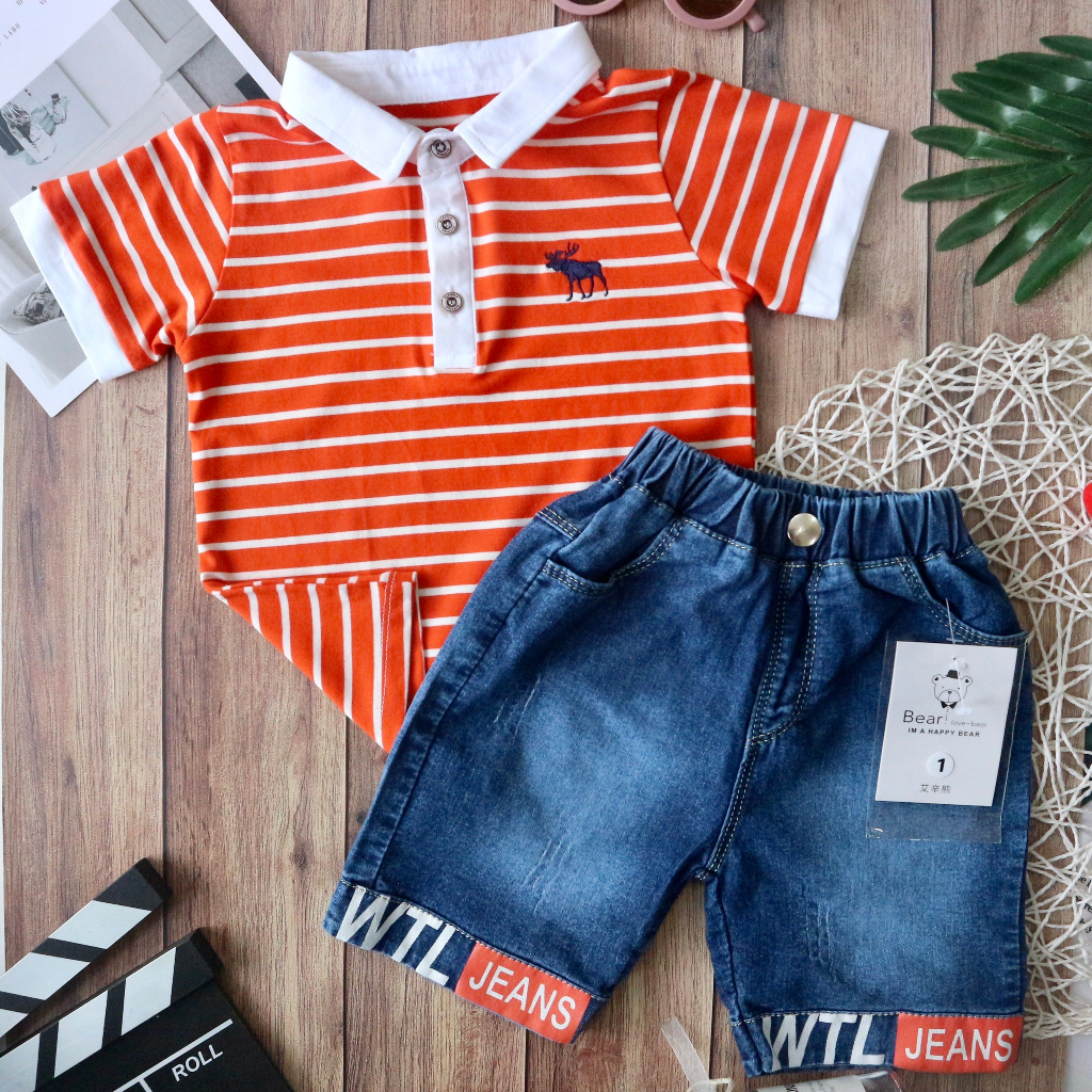 BỘ ÁO BẺ THUN COTTON ROYAL SỌC CAM THÊU HƯU + QUẦN JEAN WTL 10-25KG