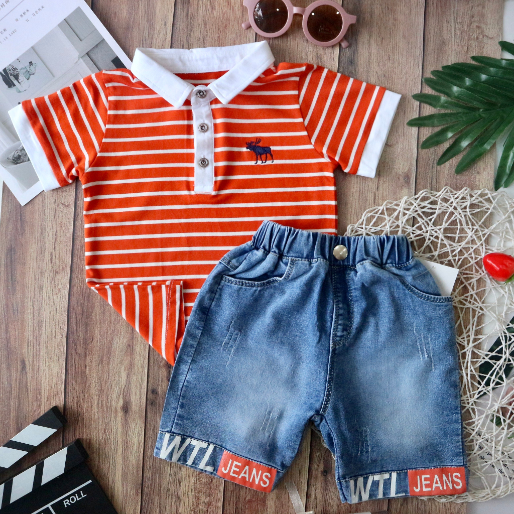 BỘ ÁO BẺ THUN COTTON ROYAL SỌC CAM THÊU HƯU + QUẦN JEAN WTL 10-25KG