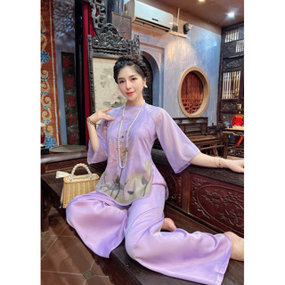 Đồ lam,Bộ lụa nữ,Pháp phục phật tử,Quần áo đi chùa lụa tơ in 3D