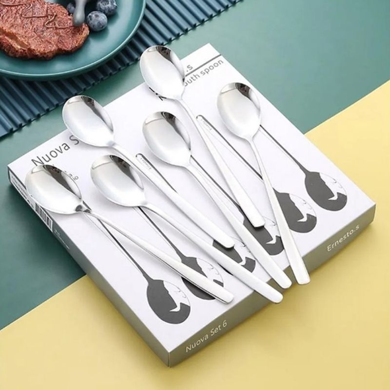 Bộ 6 Thìa Muỗng Inox Cán Dài Xinh Xắn