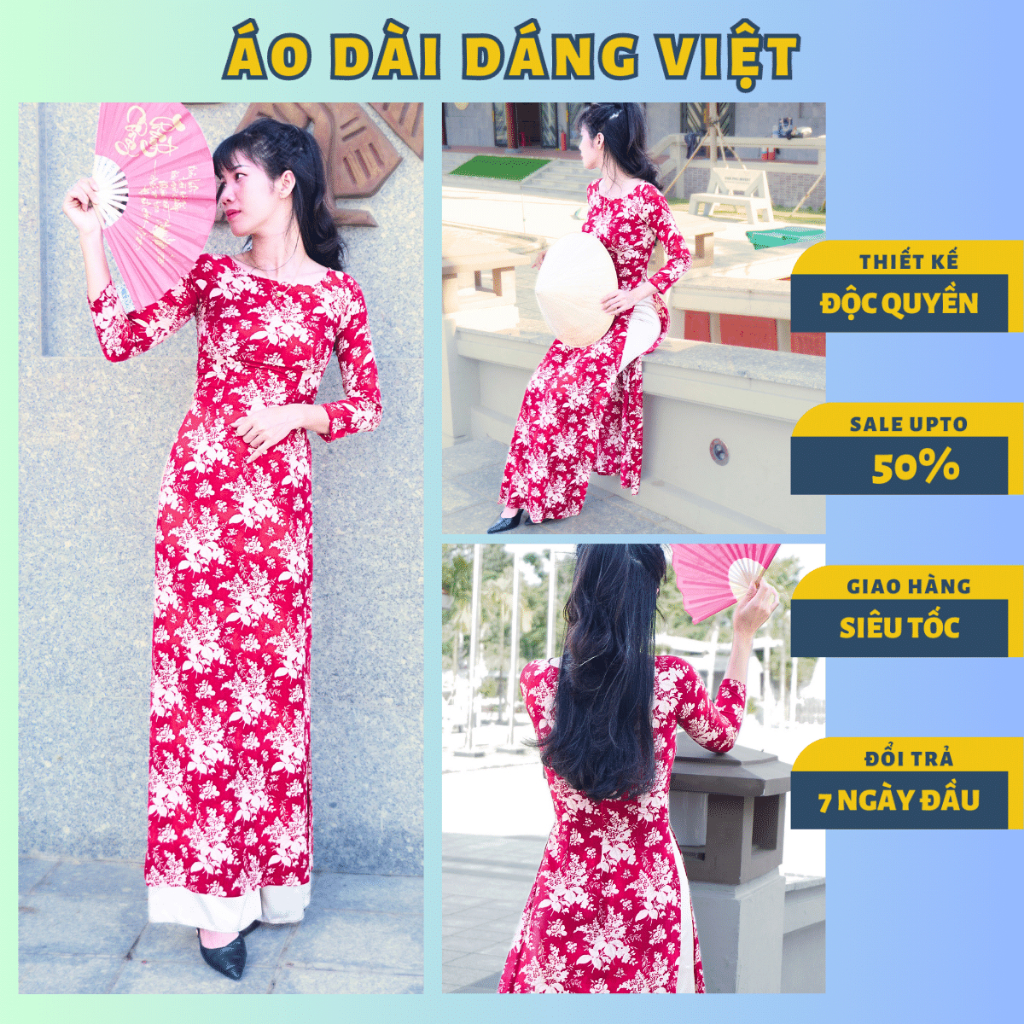 Áo Dài Truyền Thống Nữ Màu Đỏ Họa Tiết Hoa Nhí Vàng Đồng Trung Niên May Sẵn Chất Liệu Cao Cấp Sang Trọng