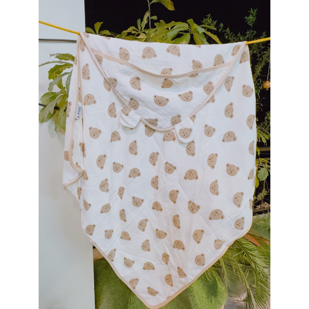 Choàng Ủ, Khăn Tắm, Chăn Ủ Xô Có Mũ 4 lớp KILUTA Chất Thoáng Mát Cho Bé