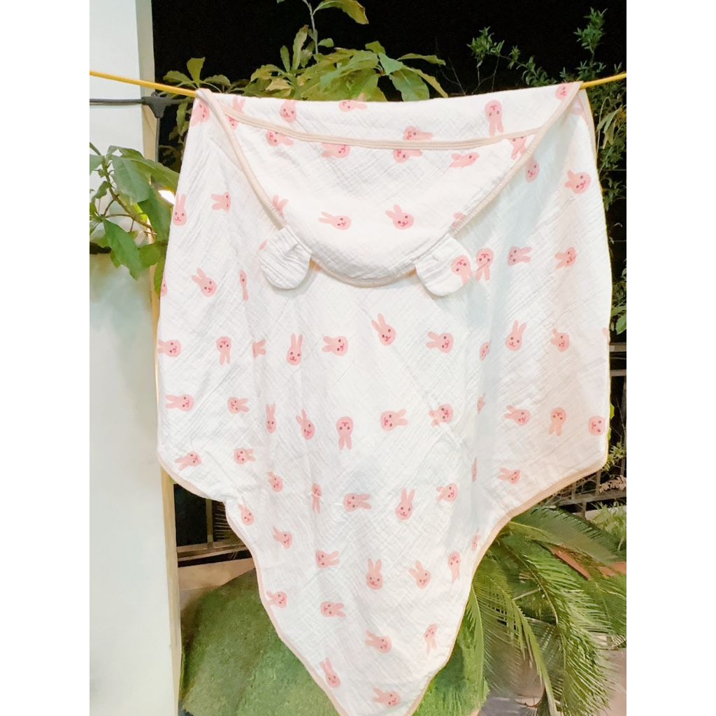 Choàng Ủ, Khăn Tắm, Chăn Ủ Xô Có Mũ 4 lớp KILUTA Chất Thoáng Mát Cho Bé