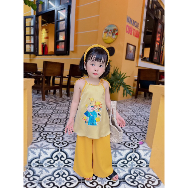 Bộ bé gái,Sét áo yếm lụa kèm bờm vui tết trung thu cho bé 10 đến 30kg B0209