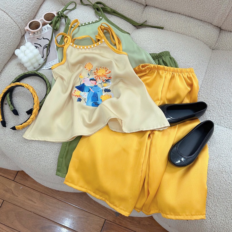 Bộ bé gái,Sét áo yếm lụa kèm bờm vui tết trung thu cho bé 10 đến 30kg B0209