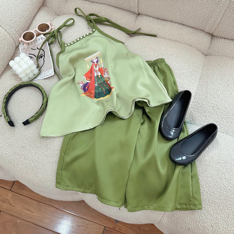 Bộ bé gái,Sét áo yếm lụa kèm bờm vui tết trung thu cho bé 10 đến 30kg B0209