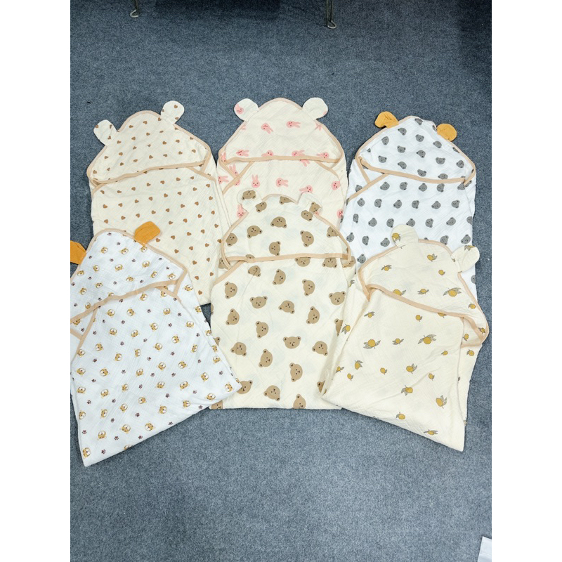 Choàng Ủ, Khăn Tắm, Chăn Ủ Xô Có Mũ 4 lớp KILUTA Chất Thoáng Mát Cho Bé