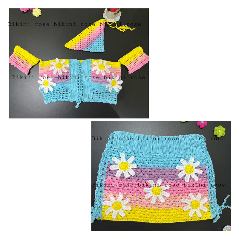 SÉT LEN MÓC HANDMADE ÁO VÀ CHÂN VÁY SỌC XANH VÀNG CÓ GẮN HOA