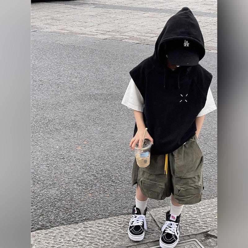 Áo ba lỗ bé trai có mũ chữ lưng A351 size 100-150, áo tanktop trẻ em quảng châu cao cấp