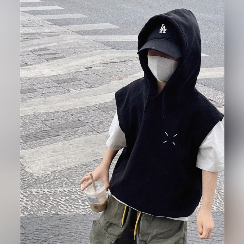 Áo ba lỗ bé trai có mũ chữ lưng A351 size 100-150, áo tanktop trẻ em quảng châu cao cấp