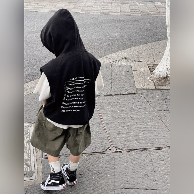 Áo ba lỗ bé trai có mũ chữ lưng A351 size 100-150, áo tanktop trẻ em quảng châu cao cấp