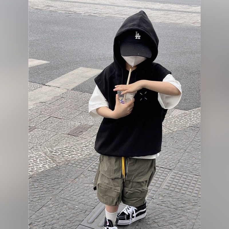 Áo ba lỗ bé trai có mũ chữ lưng A351 size 100-150, áo tanktop trẻ em quảng châu cao cấp