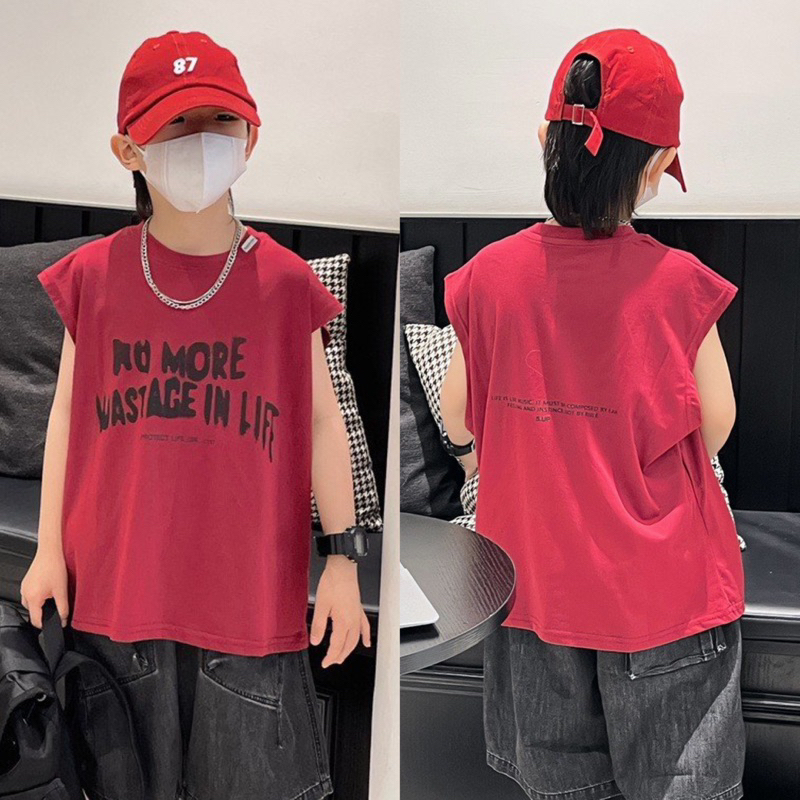 Áo ba lỗ bé trai đỏ chữ A350 size 100-150, áo tanktop trẻ em quảng châu cao cấp