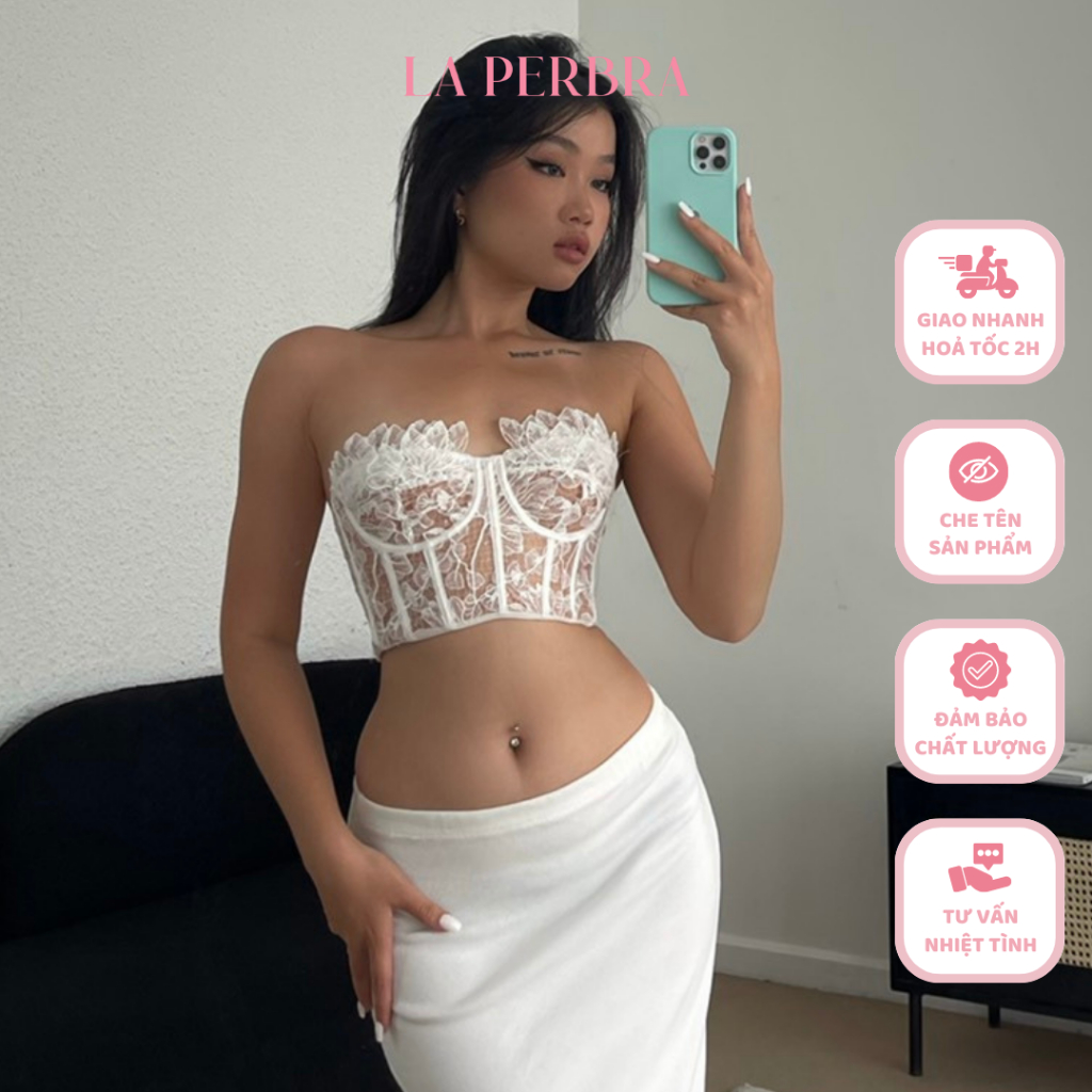 Áo Bra Ren Nữ Corset Quyến Rũ LA PERBRA Corset Quây Cúp Ngang 2 Dây Thêu Hoa Màu Trắng Thiết Kế - Olivia Corset