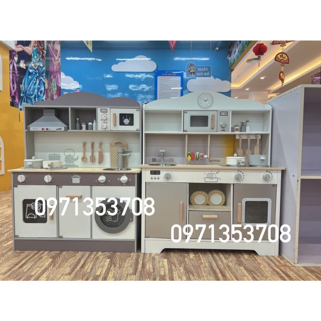 Đồ chơi Bếp bằng gỗ cao 97cm màu ghi kèm  BBQ - Đồ chơi gỗ cho bé - Biko Shop