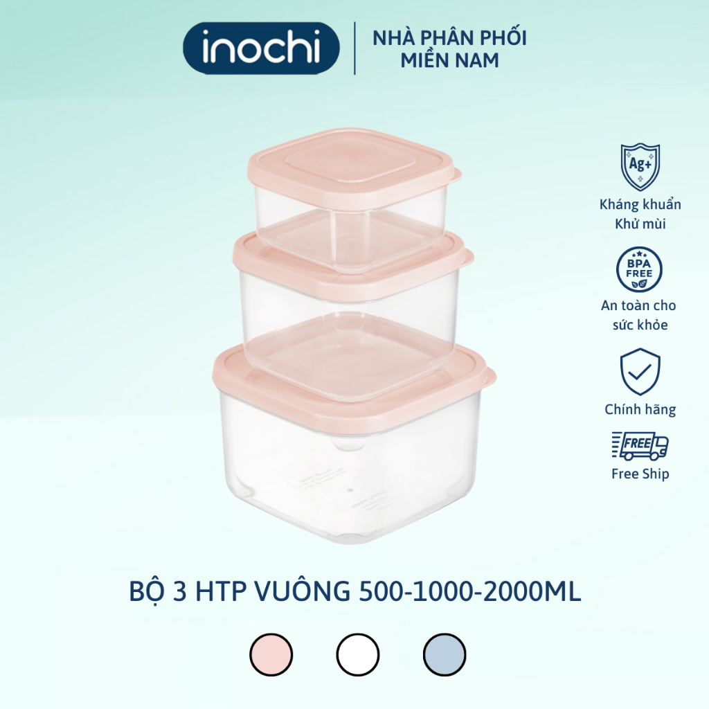 Bộ 3 hộp thực phẩm inochi. Chất liệu nhựa PP an toàn, chịu nhiệt 140 độ C, không mùi, hạn chế rò rỉ nước