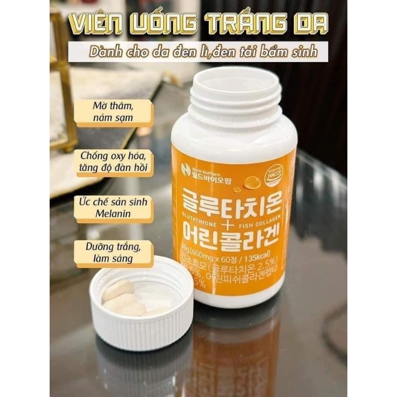 Viên uống kích trắng Glutathione&Collagen thủy phân Hàn Quốc hộp 60v