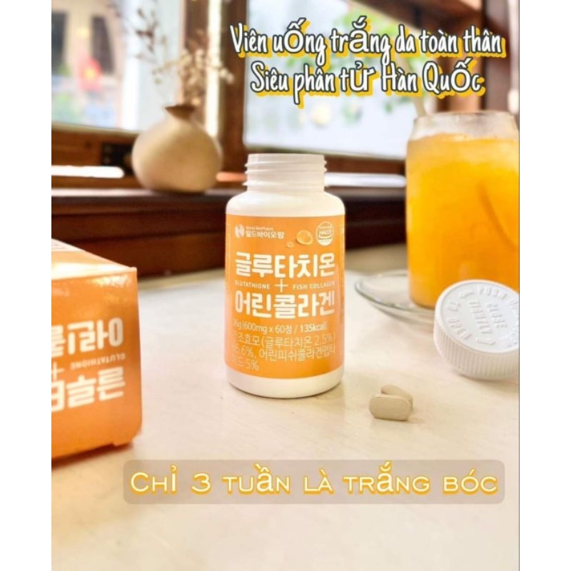 Viên uống kích trắng Glutathione&Collagen thủy phân Hàn Quốc hộp 60v